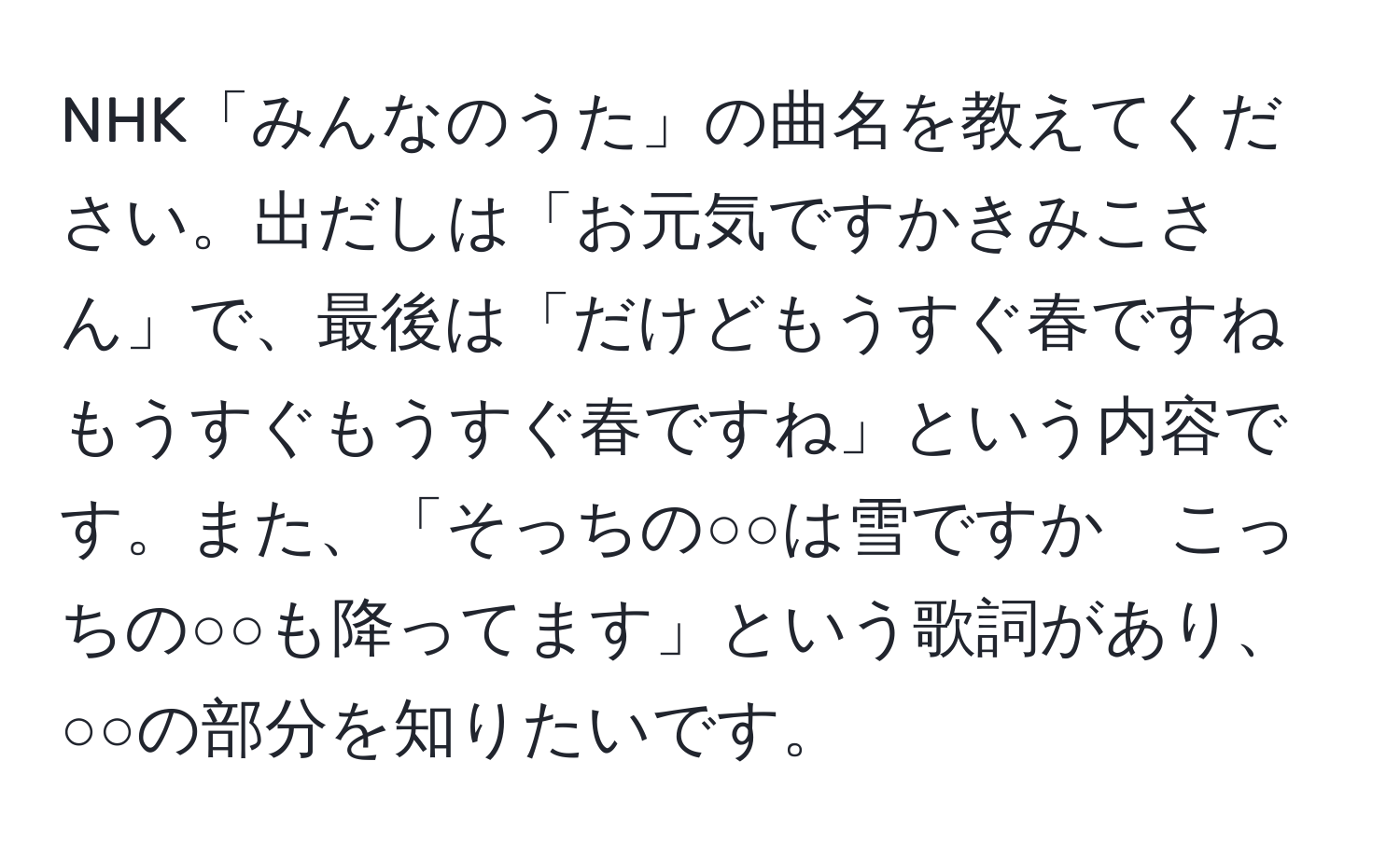 NHK「みんなのうた」の曲名を教えてください。出だしは「お元気ですかきみこさん」で、最後は「だけどもうすぐ春ですね　もうすぐもうすぐ春ですね」という内容です。また、「そっちの○○は雪ですか　こっちの○○も降ってます」という歌詞があり、○○の部分を知りたいです。