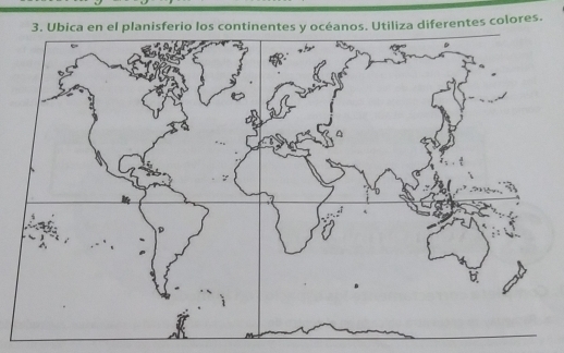 Ubica en el planisferio los continentes y océanos. Utiliza diferentes colores.