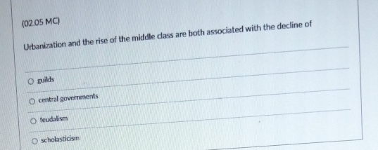 (02.05 MC)
Urbanization and the rise of the middle class are both associated with the decline of
guilds
central governments
feudalism
scholasticism