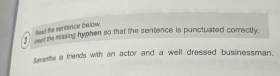 Read the sentence below. 
3 Insert the missing hyphen so that the sentence is punctuated correctly. 
Samantha is friends with an actor and a well dressed businessman.