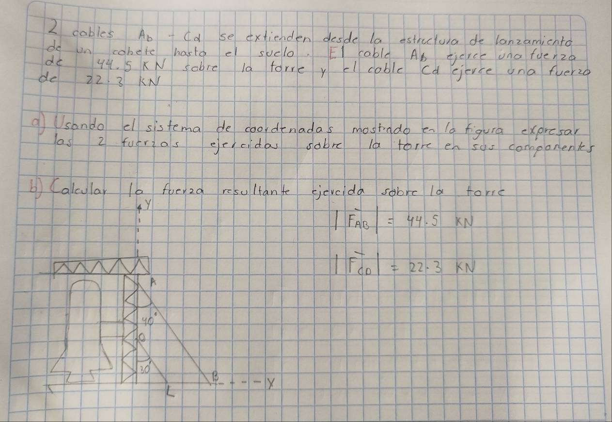 cables Ab - Cd se extienden desde la estrucluua de lanzamicnto 
do on cobete hasta e suclo. EI cable. Ab terce una fger2o 
do 49. S KN sobre la forre y el cablc cd cjevce una fuer2o 
de 22 3 KN
9 Usando el sisfema de cooldrnadas mostrado en 1a figura expresar 
las 2 furrias eeccidas sobr la torken sos components 
b) Calcular 10 foey2a reso ltante jevcida sobrc la forre 
Y
|overline F_AB|=44.5KN
|overline F_CDendvmatrix =22.3kN
A
40°
1o
30
-X