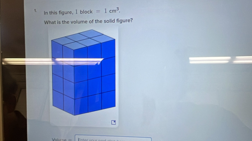 In this figure, 1 block 1, =1cm^3. 
What is the volume of the solid figure? 
=Volume =