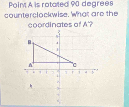 Point A is rotated 90 degrees
counterclockwise. What are the 
coordinates of A'