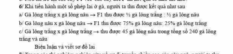 6/ Khi tiển hành một số phép lai ở gà, người ta thu được kết quả như sau 
a/ Gả lông trắng x gả lông nâu → F1 thu được ½ gà lông trắng : ½ gà lông nâu 
b/ Gà lông nâu x gà lông nâu → F1 thu được 75% gà lông nâu: 25% gà lông trắng 
c/ Gả lông trắng x gả lông trắng → thu được 45 gả lồng nâu trong tổng số 240 gã lông 
trắng và nâu 
Biện luận và viết sơ đồ lại