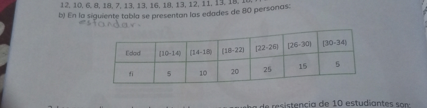 12, 10, 6, 8, 18, 7, 13, 13, 16, 18, 13, 12, 11, 13, 18, 1
b) En la siguiente tabla se presentan las edades de 80 personas:
de resistencia de 10 estudiantes son