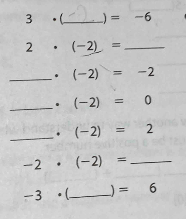 3 · _  ) =-6
2· (-2)= _ 
_. (-2)=-2
_. (-2)=0
_ · (-2)=2
_ -2· (-2)=
-3· ( _  )=6