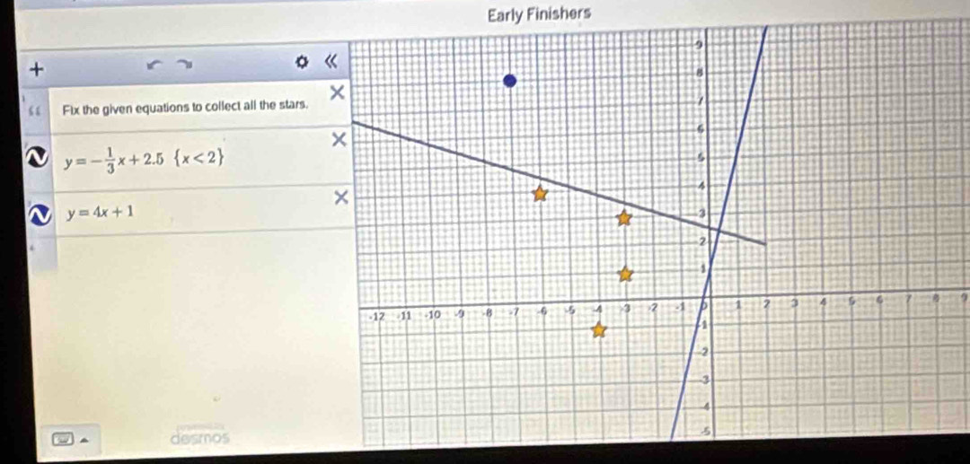 Early Finishers
+
“ Fix the given equations to collect all the stars.
y=- 1/3 x+2.5 x<2
y=4x+1
9
` desmos