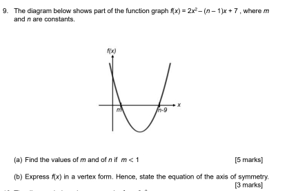 The diagram below shows part of the function graph f(x)=2x^2-(n-1)x+7 , where m
and n are constants.
(a) Find the values of m and of n if m<1</tex> [5 marks]
(b) Express f(x) in a vertex form. Hence, state the equation of the axis of symmetry.
[3 marks]