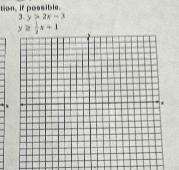 tion, if possible.
3. y>2x-3
y≥  1/2 x+1
x