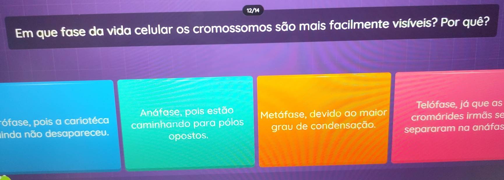 12/14
Em que fase da vida celular os cromossomos são mais facilmente visíveis? Por quê?
Anáfase, pois estão Telófase, já que as
pófase, pois a cariotéca Metáfase, devido ao maior
caminhando para pólos cromárides irmãs se
inda não desapareceu. grau de condensação.
opostos. separaram na anáfas