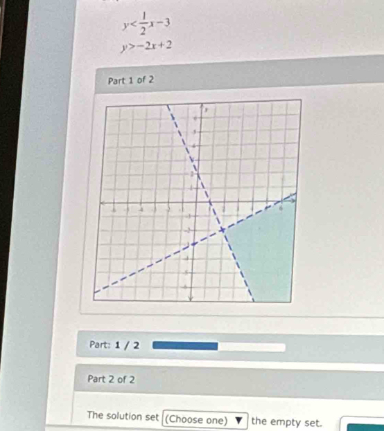 y
y>-2x+2
Part 1 of 2
Part: 1 / 2
Part 2 of 2
The solution set (Choose one) the empty set.