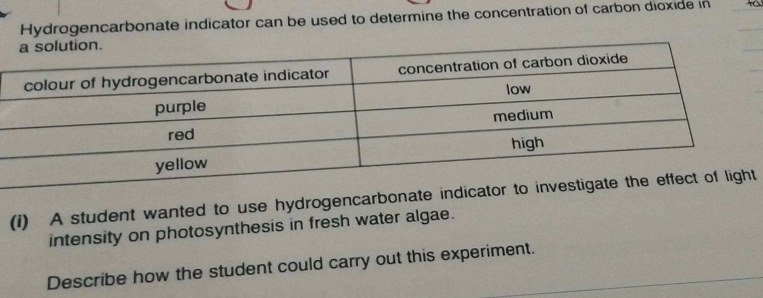 Hydrogencarbonate indicator can be used to determine the concentration of carbon dioxide in 
(i) A student wanted to use hydrogencar 
intensity on photosynthesis in fresh water algae. 
Describe how the student could carry out this experiment.