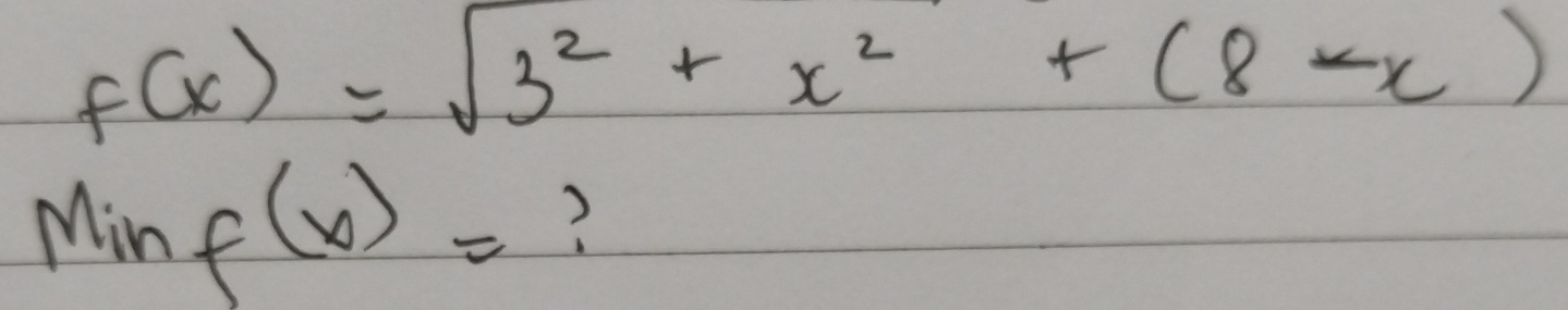 f(x)=sqrt(3^2+x^2)+(8-x)
Minf(x)= ?