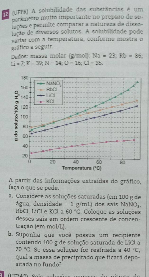 (UFPR) A solubilidade das substâncias é um 
parâmetro muito importante no preparo de so- 
uções e permite comparar a natureza de disso- 
dução de diversos solutos. A solubilidade pode 
variar com a temperatura, conforme mostra o 
gráfico a seguir. 
Dados: massa molar (g/mol): Na=23; Rb=86
Li=7; K=39; N=14; O=16; Cl=35.
180
NaNO
160 RbCl
140 LiCl
KCl
120
è 100
80
60
40
20
0 20 40 60 80
Temperatura (^circ C)
A partir das informações extraídas do gráfico, 
faça o que se pede. 
a. Considere as soluções saturadas (em 100 g de 
água; densidade =1g/mL ) dos sais M JaNO_3, 
RbCl, LiCl e KCl a 60°C. Coloque as soluções 
desses sais em ordem crescente de concen- 
tração (em mol/L). 
b. Suponha que você possua um recipiente 
contendo 100 g de solução saturada de LiCl a
70°C. Se essa solução for resfriada a 40°C, 
qual a massa de precipitado que ficará depo- 
sitada no fundo? 
I FM C) S e