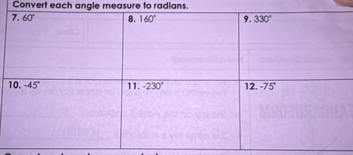 Convert each angle measure to radians.