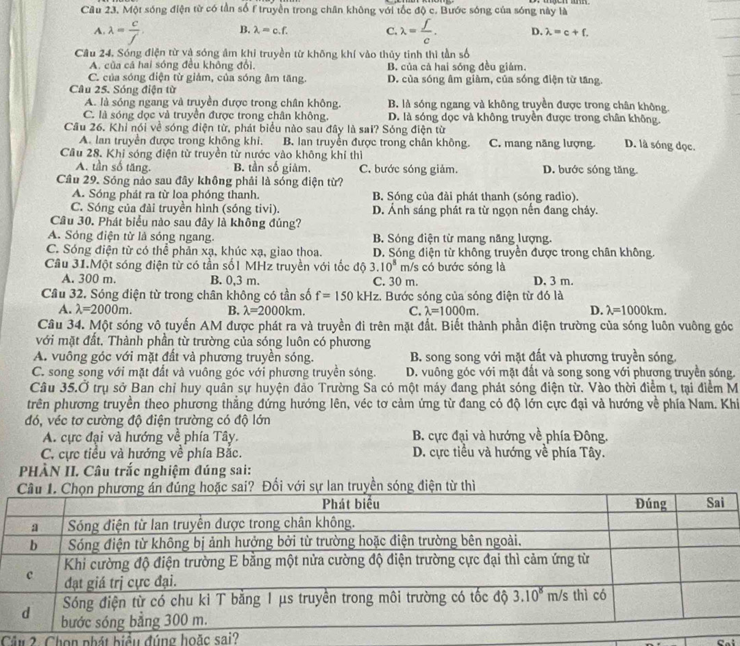 Một sóng điện từ có tần số 1 truyền trong chân không với tốc độ c. Bước sóng của sóng này là
B. lambda =c.f. C.
A. lambda = c/f'  lambda = f/c . D. lambda =c+f.
Câu 24. Sóng điện từ vậ sóng âm khi truyền từ không khí vào thủy tinh thì tần số
A. của cả hai sóng đều không đổi. B. của cả hai sóng đều giảm.
C. của sóng điện từ giảm, của sóng âm tăng. D. của sóng âm giàm, của sóng điện từ tầng.
Câu 25. Sóng điện từ
A. là sóng ngang và truyền được trong chân không. B. là sóng ngang và không truyền được trong chân không.
C. là sóng dọc và truyền được trong chân không. D. là sóng dọc và không truyền được trong chân không.
Cầu 26. Khi nói về sóng điện từ, phát biểu nào sau đây là sai? Sóng điện từ
A. lan truyền được trong không khi. B. lan truyền được trong chân không. C. mang năng lượng. D. là sóng đọc.
Cầu 28. Khi sóng điện từ truyền từ nước vào không khí thì
A. tần số tăng. B. tần số giảm. C. bước sóng giảm. D. bước sóng tăng
Câu 29. Sóng nảo sau đây không phải là sóng điện từ?
A. Sóng phát ra từ loa phóng thanh. B. Sóng của đài phát thanh (sóng radio).
C. Sóng của đài truyền hình (sóng tivi). D. Ảnh sáng phát ra từ ngọn nến đang cháy.
Câu 30. Phát biểu nào sau đây là không đúng?
A. Sóng điện từ là sóng ngang. B. Sóng điện từ mang năng lượng.
C. Sóng điện từ có thể phản xạ, khúc xạ, giao thoa. D. Sóng điện từ không truyền được trong chân không.
Cầu 31.Một sóng điện từ có tần số1 MHz truyền với tốc độ 3.10^8 m/s có bước sóng là
A. 300 m. B. 0,3 m. C. 30 m. D. 3 m.
Cầu 32. Sóng điện từ trong chân không có tần số f=150kHz z. Bước sóng của sóng điện từ đó là
A. lambda =2000m. B. lambda =2000km. C. lambda =1000m. D. lambda =1000km.
Cầu 34. Một sóng vô tuyến AM được phát ra và truyền đi trên mặt đất. Biết thành phần điện trường của sóng luôn vuông góc
với mặt đất, Thành phần từ trường của sóng luôn có phương
A. vuông góc với mặt đất và phương truyền sóng. B. song song với mặt đất và phương truyền sóng,
C. song song với mặt đất và vuông góc với phương truyền sóng. D. vuông góc với mặt đất và song song với phương truyền sóng.
Câu 35.Ở trụ sở Ban chỉ huy quân sự huyện đảo Trường Sa có một máy đang phát sóng điện từ. Vào thời điểm t, tại điểm M
trên phương truyền theo phương thẳng đứng hướng lên, véc tơ cảm ứng từ đang có độ lớn cực đại và hướng về phía Nam. Khi
đó, véc tơ cường độ điện trường có độ lớn
A. cực đại và hướng về phía Tây. B. cực đại và hướng về phía Đông.
C. cực tiểu và hướng về phía Bắc.  D. cực tiểu và hướng về phía Tây.
PHÀN II. Câu trắc nghiệm đúng sai:
Đối với sự lan truyền sóng điện từ thì
Cầu 2. Chọn phát hiểu đúng hoặc sai?