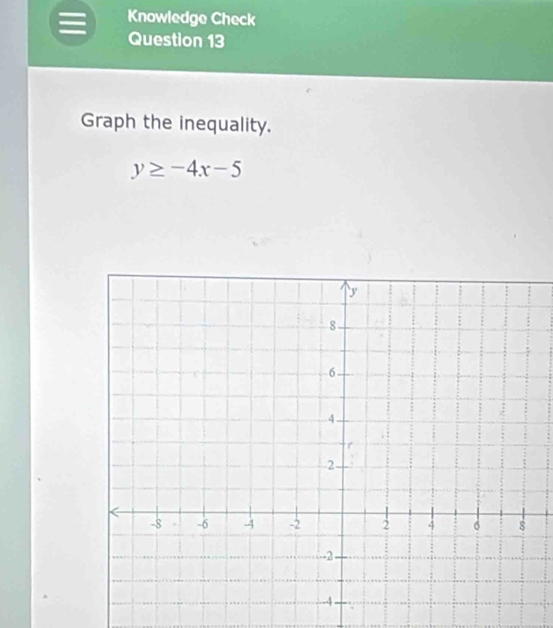 Knowledge Check 
Question 13 
Graph the inequality.
y≥ -4x-5