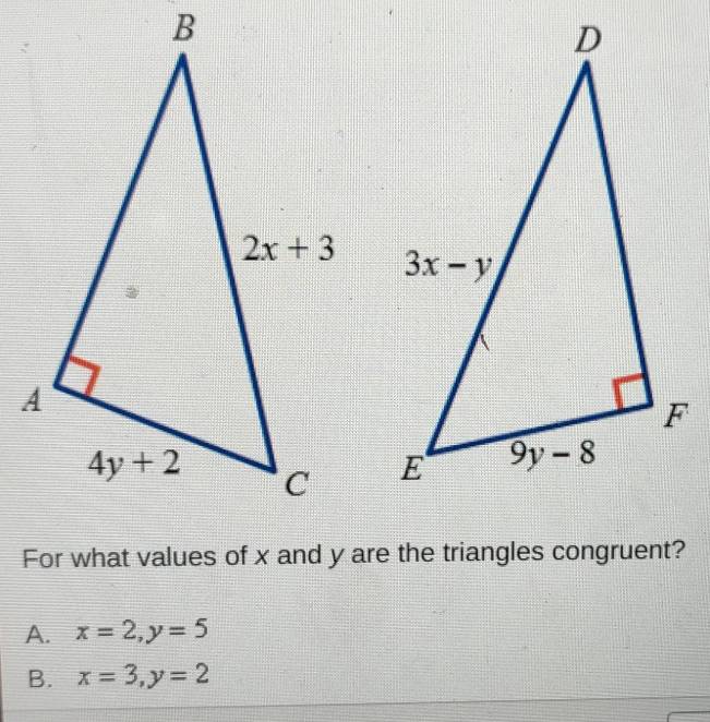 A. x=2,y=5
B. x=3,y=2