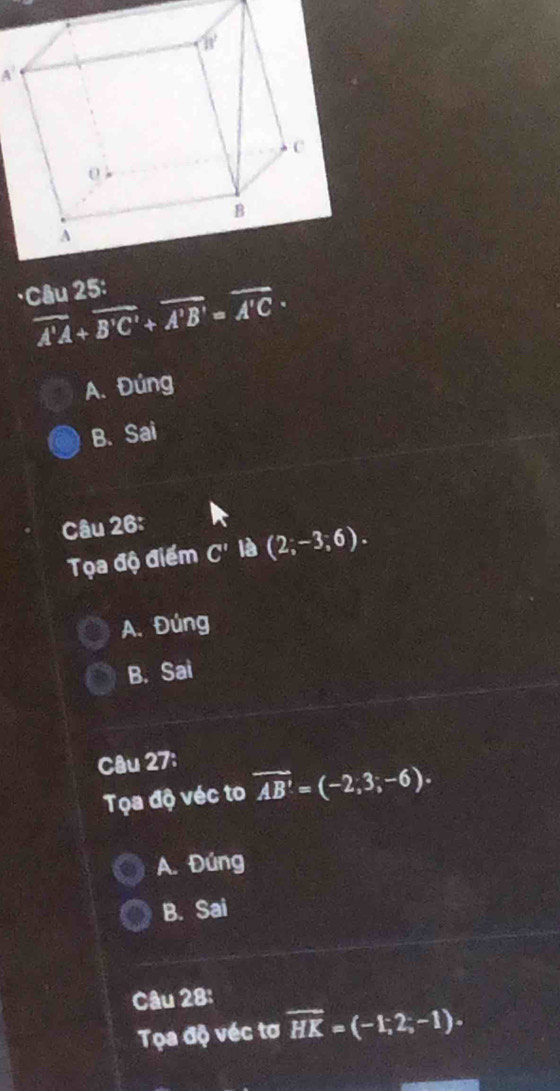 A'
*Câu 25:
overline A'A+overline B'C'+overline A'B'=overline A'C·
A. Đúng
B. Sai
Câu 26:
Tọa độ điểm C' là (2;-3;6).
A. Đúng
B. Sai
Câu 27:
Tọa độ véc to overline AB'=(-2;3;-6).
A. Đúng
B. Sai
Câu 28:
Tọa độ véc tơ overline HK=(-1;2;-1).