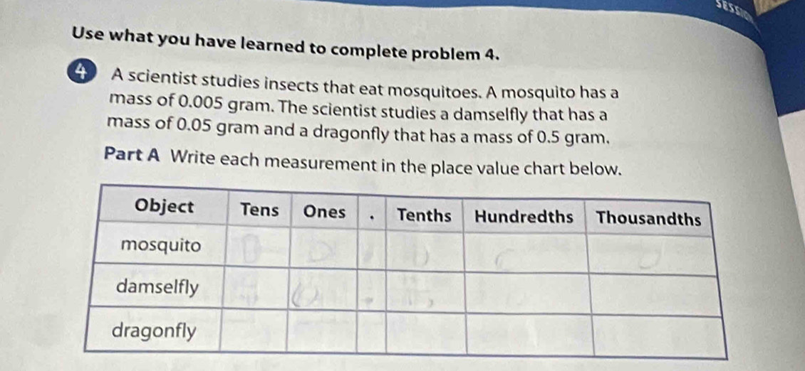 Use what you have learned to complete problem 4. 
4 A scientist studies insects that eat mosquitoes. A mosquito has a 
mass of 0.005 gram. The scientist studies a damselfly that has a 
mass of 0.05 gram and a dragonfly that has a mass of 0.5 gram. 
Part A Write each measurement in the place value chart below.