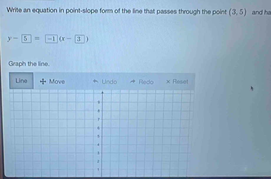 Write an equation in point-slope form of the line that passes through the point (3,5) and ha
y-5=-1(x-3)
Graph the line. 
Line Move Undo Redo × Reset