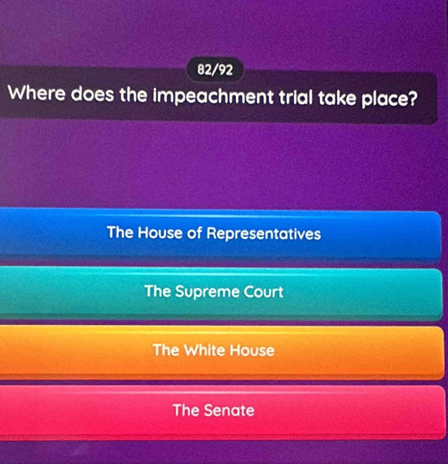 82/92
Where does the impeachment trial take place?
The House of Representatives
The Supreme Court
The White House
The Senate