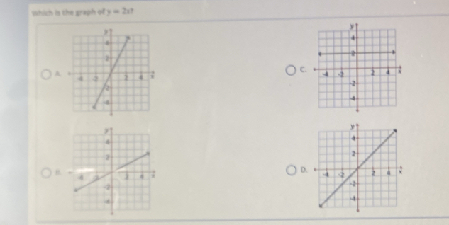 Which is the graph of y=2x ? 
A 
C. 

D. 
B.