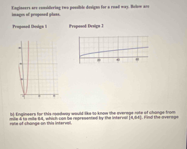 Engineers are considering two possible designs for a road way. Below are 
images of proposed plans. 
Proposed Design 1 Proposed Design 2 
b) Engineers for this roadway would like to know the average rate of change from
mile 4 to mile 64, which can be represented by the interval [4,64]. Find the average 
rate of change on this interval.