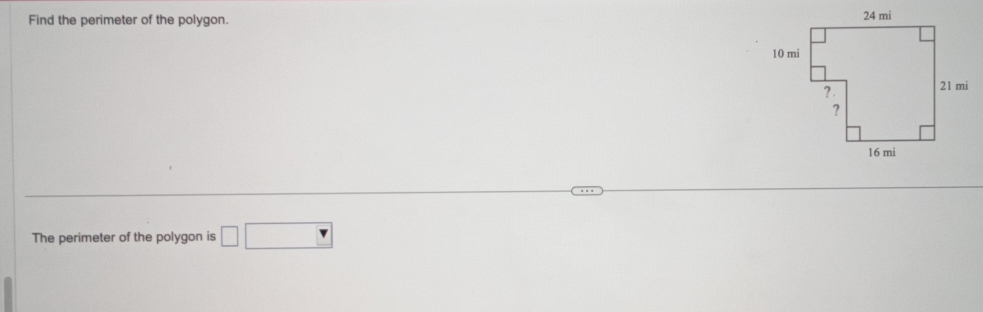 Find the perimeter of the polygon. 
The perimeter of the polygon is □ □