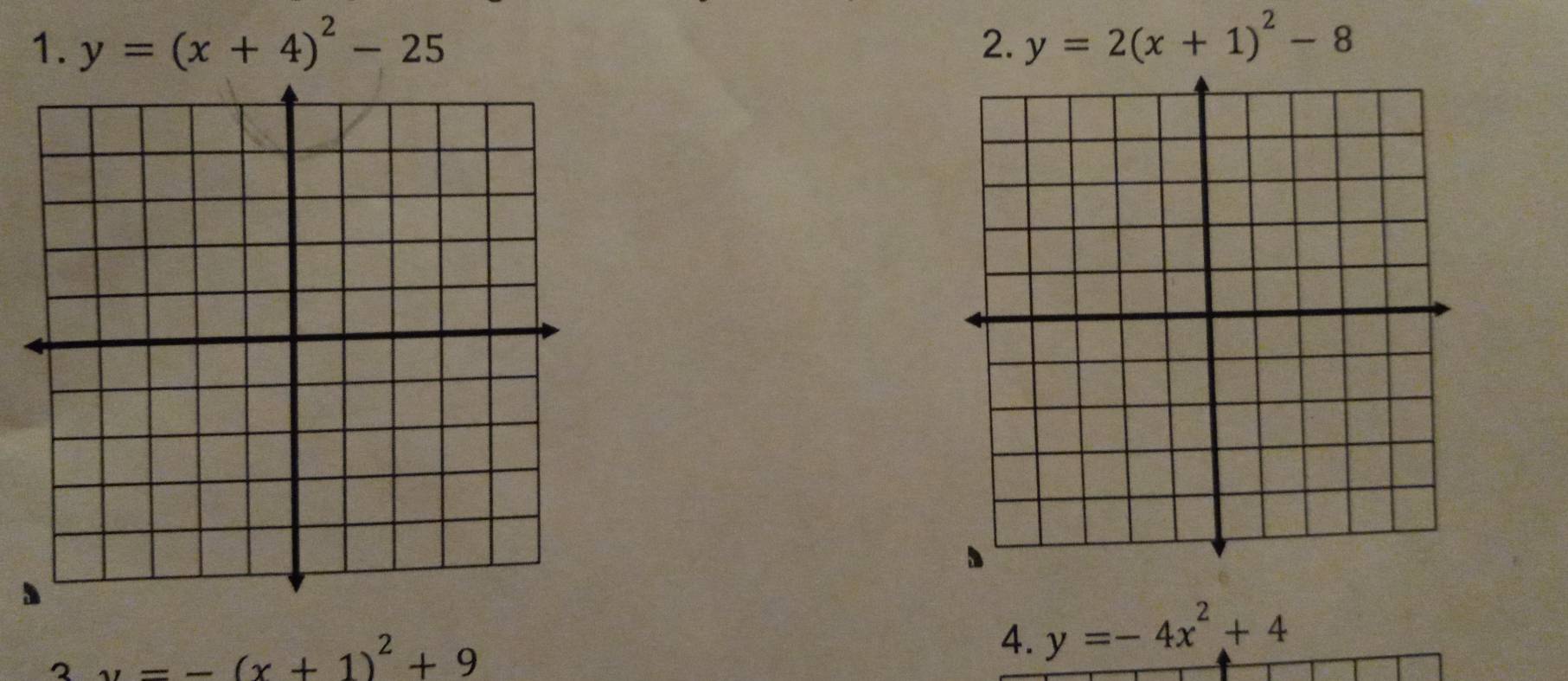 y=(x+4)^2-25 2. y=2(x+1)^2-8
2 y=-(x+1)^2+9
4. y=-4x^2+4