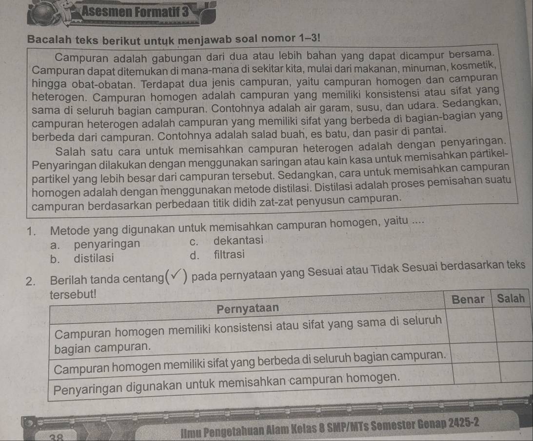 Asesmen Formatif 3
Bacalah teks berikut untuk menjawab soal nomor 1-3!
Campuran adalah gabungan dari dua atau lebih bahan yang dapat dicampur bersama.
Campuran dapat ditemukan di mana-mana di sekitar kita, mulai dari makanan, minuman, kosmetik,
hingga obat-obatan. Terdapat dua jenis campuran, yaitu campuran homogen dan campuran
heterogen. Campuran homogen adalah campuran yang memiliki konsistensi atau sifat yang
sama di seluruh bagian campuran. Contohnya adalah air garam, susu, dan udara. Sedangkan,
campuran heterogen adalah campuran yang memiliki sifat yang berbeda di bagian-bagian yang
berbeda dari campuran. Contohnya adalah salad buah, es batu, dan pasir di pantai.
Salah satu cara untuk memisahkan campuran heterogen adalah dengan penyaringan.
Penyaringan dilakukan dengan menggunakan saringan atau kain kasa untuk memisahkan partikel-
partikel yang lebih besar dari campuran tersebut. Sedangkan, cara untuk memisahkan campuran
homogen adalah dengan menggunakan metode distilasi. Distilasi adalah proses pemisahan suatu
campuran berdasarkan perbedaan titik didih zat-zat penyusun campuran.
1. Metode yang digunakan untuk memisahkan campuran homogen, yaitu ....
a. penyaringan c. dekantasi
b. distilasi d. filtrasi
2. Berilah tanda centang( ) pada pernyataan yang Sesuai atau Tidak Sesuai berdasarkan teks
o.
22
llmu Pengetahuan Alam Kelas 8 SMP/MTs Semester Genap 2425-2