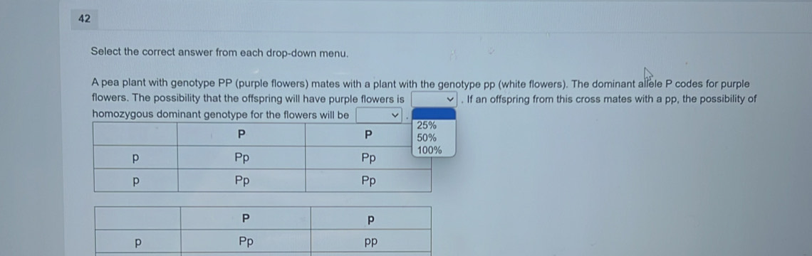 Solved: Select the correct answer from each drop-down menu. A pea plant ...