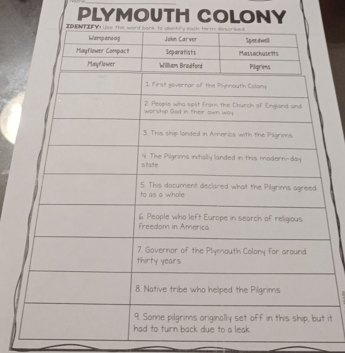 Name_ 
PLYMOUTH COLONY 
it