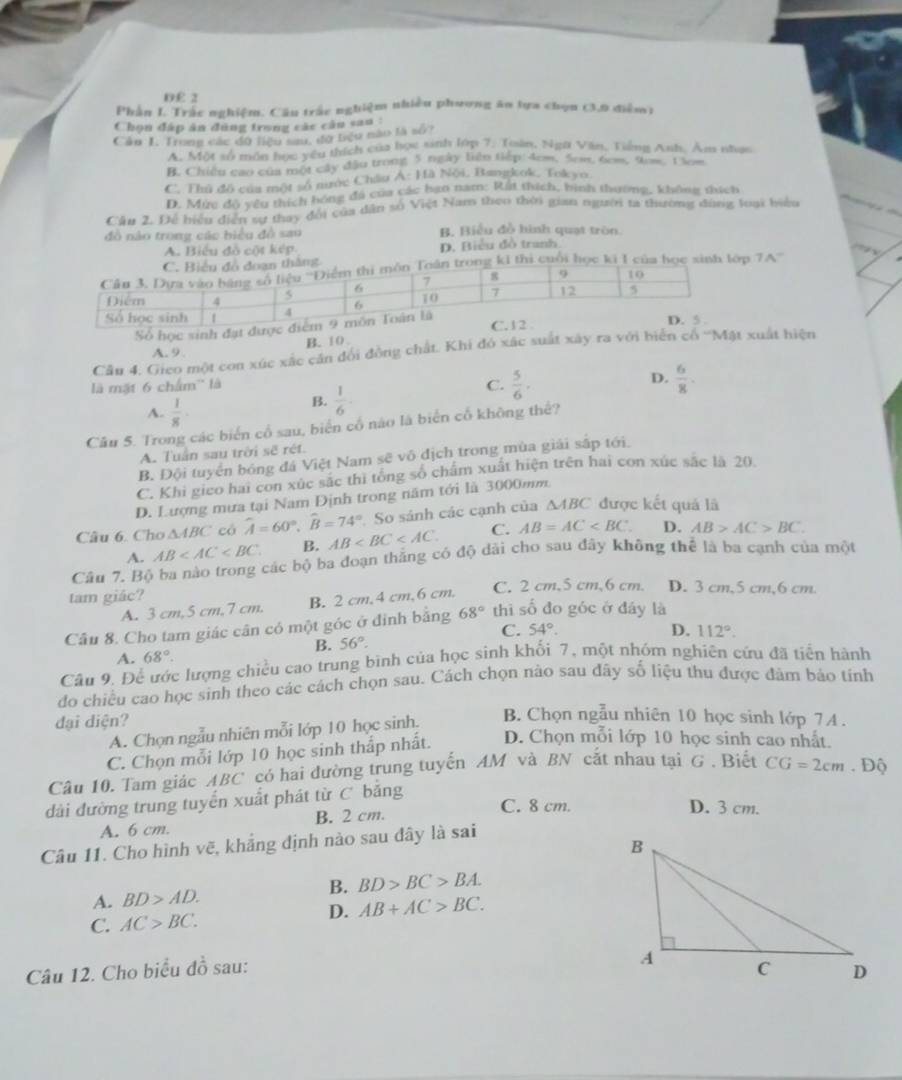 D£ 2
Phần L. Trắc nghiệm. Cầu trắc nghiệm nhiều phương ăn tựa chọn (3,9 điễm)
Chọn đáp ăn đúng trong các cân sau :
Cần I. Trong các đô liệu sau, đờ bệu nào là số
A. Một số môn học yêu thích của học sinh lớp 7. Tuân, Ngữ Văn, Tiếng Anh, Âm nhạn
B. Chiếu cao của một cây đầo trong 5 ngày liên tiếp:4cm, 5cm. 6cm, 9m 1 5m
C. Thủ đô của một số nước Châu Á: Hà Nội, Bangkok, Tokyo.
D. Mức độ yêu thích hóng đá của các han nam: Rất thích, bình thường, không thích
Cầu 2. Để biểu điện sự thay đổi của dân số Việt Nam theo thời gian người ta thường đùng loại biểu
           
đồ nào trong các biểu đồ sau B. Biểu đồ hình quạt tròn.
A. Biểu đồ cột kép
D. Biểu đồ tranh
k1 thi cuối học ki I của học sinh lớp 7A'' ∠ OPN
Số học sinh
A. 9. B. 10
Cầu 4. Gieo một con xúc xắc cần đổi đồng chất. Khi đó xác suất xây ra với biển có ''Mặt xuất hiện
là mặt 6 chẩm'' là
D.
A.  1/8 
B.  1/6 
C.  5/6 .  6/8 .
Câu 5. Trong các biển cổ sau, biển cổ nào là biển cổ không thể?
A. Tuần sau trời sẽ rét.
B. Đội tuyển bóng đá Việt Nam sẽ vô địch trong mùa giải sắp tới
C. Khi gieo hai con xúc sắc thi tổng số chám xuất hiện trên hai con xúc sắc là 20
D. Lượng mưa tại Nam Định trong năm tới là 3000mm.
So sánh các cạnh của △ ABC được kết quả là
Câu 6. Cho △ ABC có widehat A=60°,widehat B=74° AB C. AB=AC D. AB>AC>BC.
A. AB B.
Câu 7. Bộ ba nào trong các bộ ba đoạn thắng có độ dài cho sau đây không thể là ba cạnh của một
tam giác? C. 2 cm,5 cm,6 cm. D. 3 cm,5 cm,6 cm.
A. 3 cm,5 cm,7 cm. B. 2 cm,4 cm,6 cm.
Câu 8. Cho tam giác cân có một góc ở đỉnh bằng 68° thì số đo góc ở đây là
B. 56°. C. 54°.
D. 112°.
A. 68°.
Câu 9. Để ước lượng chiều cao trung bình của học sình khối 7, một nhóm nghiên cứu đã tiền hành
do chiều cao học sinh theo các cách chọn sau. Cách chọn nào sau đây số liệu thu được đảm bảo tính
A. Chọn ngẫu nhiên mỗi lớp 10 học sinh. B. Chọn ngẫu nhiên 10 học sinh lớp 7A .
đại diện? D. Chọn mỗi lớp 10 học sinh cao nhất.
C. Chọn mỗi lớp 10 học sinh thấp nhất.
Câu 10. Tam giác ABC có hai đường trung tuyến AM và BN cắt nhau tại G . Biết
dài đường trung tuyến xuất phát từ C bằng CG=2cm. Độ
A. 6 cm. B. 2 cm.
C. 8 cm. D. 3 cm.
Câu 11. Cho hình vẽ, khẳng định nào sau đây là sai
B. BD>BC>BA.
A. BD>AD.
C. AC>BC.
D. AB+AC>BC.
Câu 12. Cho biểu đồ sau: