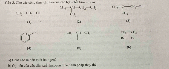 Cho các công thức cấu tạo của các hợp chất hữu cơ sau:
CH_3-CH_2-Cl beginarrayr CH_2=C-CH_2-Br CH_3endarray
(1) (2) (3)
CH_3
CH_3-CH-CH_3
beginarrayr CH_2-CH_2 Brendbmatrix _Br
(4) (5) (6)
a) Chất nào là dẫn xuất halogen?
b) Gọi tên của các dẫn xuất halogen theo danh pháp thay thế.