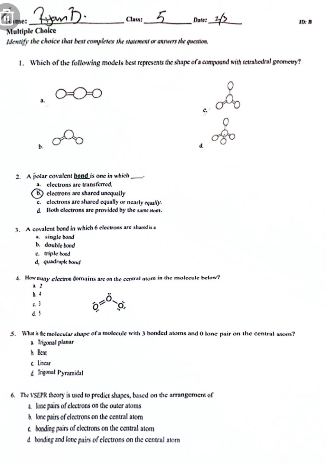 Solved: Class: Date: m ___ID: B Multiple Choice Identify the choice that  best completes the statem [Chemistry]
