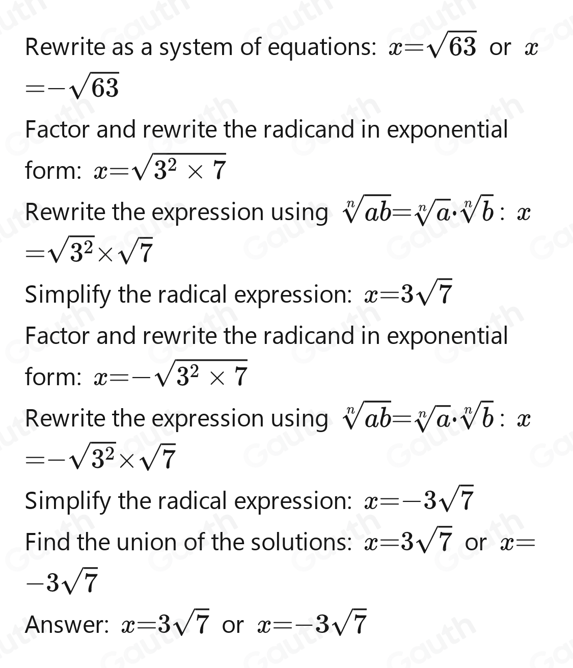 Solved: Solve x^2=63 , where x is a real number [Math]