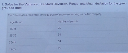 Solve for the Variance, Standard Deviation, Range, and Mean deviation for the given 
grouped data: