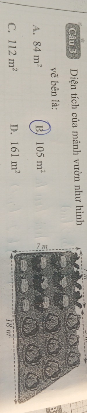 Diện tích của mảnh vườn như hình
vẽ bên là:
.
A. 84m^2
B 105m^2
C. 112m^2 D. 161m^2