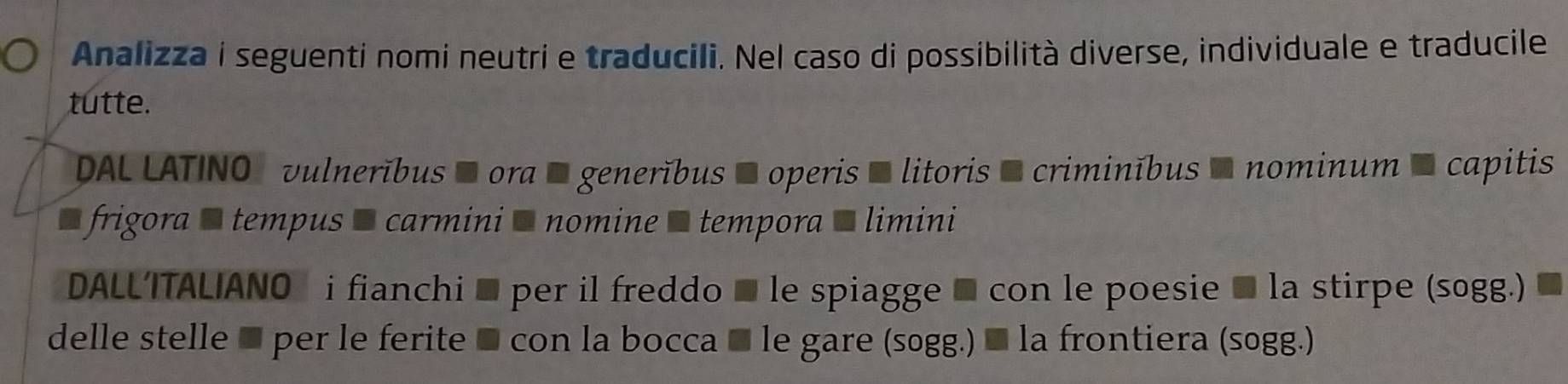 Analizza i seguenti nomi neutri e traducili. Nel caso di possibilità diverse, individuale e traducile 
tutte. 
DAL LATINO vulnerĭbus ' ora * generĭbus % operis ' litoris = criminíbus % nominum ' capitis 
frigora - tempus - carmini - nomine - tempora - limini 
DALLITALIANO i fianchi ■ per il freddo ■ le spiagge ■ con le poesie → la stirpe (sogg.) 
delle stelle ■ per le ferite ■ con la bocca ■ le gare (sogg.) ■ la frontiera (sogg.)