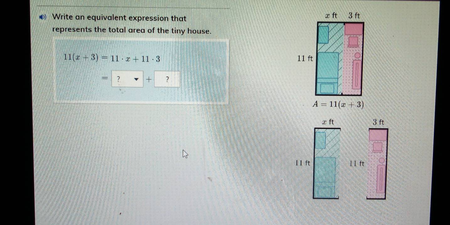 》 Write an equivalent expression that 
represents the total area of the tiny house.
11 (x+3)=11· x+11· 3
=?+?