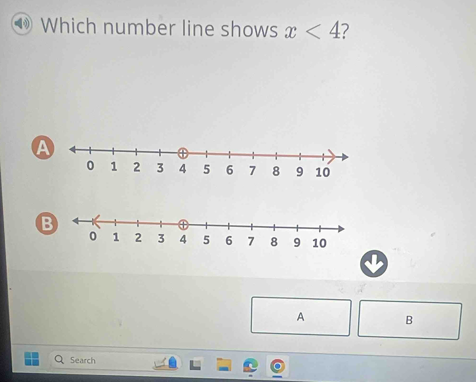 Which number line shows x<4</tex> ? 
A 
A 
B 
Search