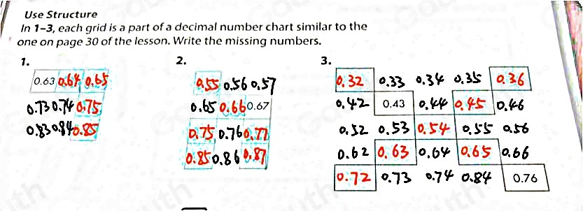 Use Structure 
In 1-3, each grid is a part of a decimal number chart similar to the 
one on page 30 of the lesson. Write the missing numbers. 
1. 
2.
0.6
Table 1: []