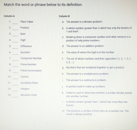 Solved: Match the word or phrase below to its definition. Column A ...