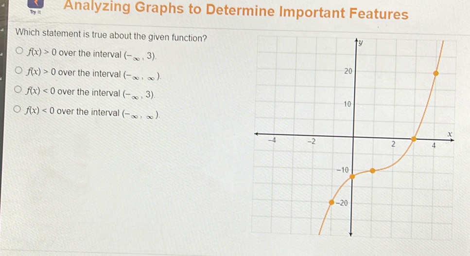 Try it Analyzing Graphs to Determine Important Features
Which statement is true about the given function?
f(x)>0 over the interval (-_∈fty ,3).
f(x)>0 over the interval (-∈fty ,∈fty ).
f(x)<0</tex> over the interval (-_∈fty ,3).
f(x)<0</tex> over the interval (-∈fty ,∈fty ).