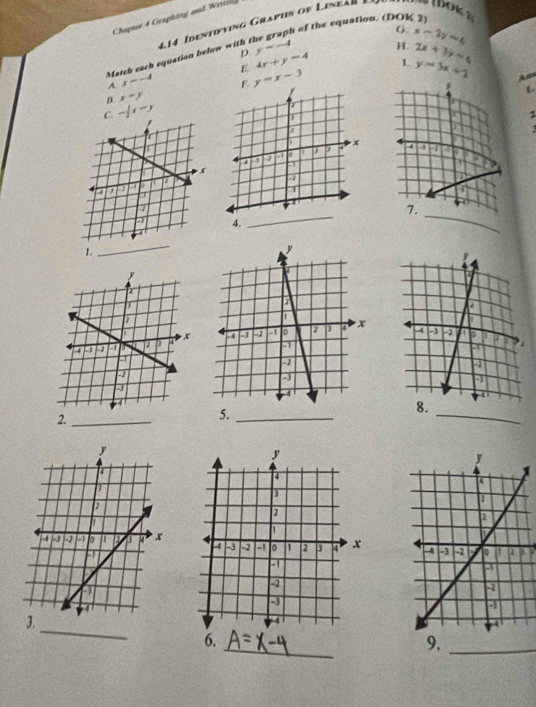 Chapter 4 Graphing and Writn
h of the equation. (DOK 2)
414 dentp y ing Grap h of in ear
G.
D
Match each equation below with y=-4
F x-2y=6
E 4x+y=4
L y=3x+2
A. x=-4
y=x-3 2x+3y=6
Ass
B x-y
L
- x=y

1
_
2._
5._
_

_
_
6.
9._