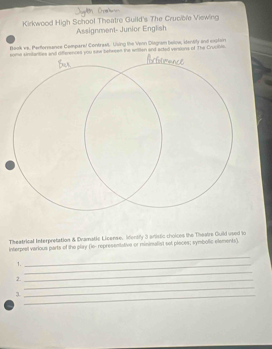 Kirkwood High School Theatre Guild's The Crucible Viewing 
Assignment- Junior English 
Book vs. Performance Compare/ Contrast. Using the Venn Diagram below, identify and explain 
ween the written and acted versions of The Crucible. 
Theatrical Interpretation & Dramatic License. Identify 3 artistic choices the Theatre Guild used to 
interpret various parts of the play (ie- representative or minimalist set pieces; symbolic elements). 
1._ 
_ 
2._ 
_ 
3._ 
_