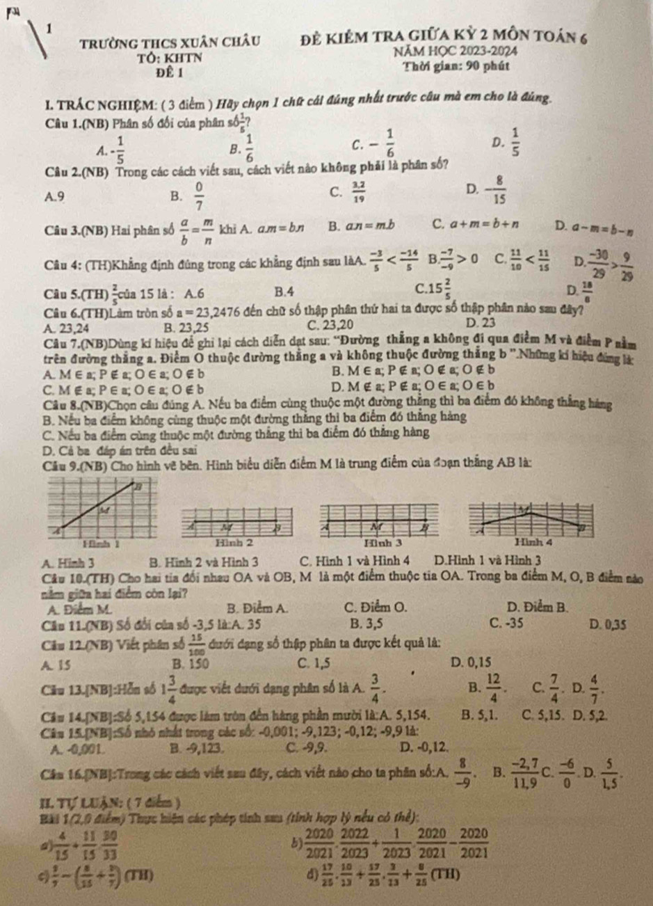 trường THCS XUân châu đẻ kiêm tra giữa kỳ 2 môn toán 6
TÔ: KHTN NĂM HỌC 2023-2024
Đề 1 Thời gian: 90 phút
I. TRÁC NGHIỆM: ( 3 điểm ) Hãy chọn 1 chữ cái đúng nhất trước câu mà em cho là đúng.
Câu 1.(NB) Phân số đối của phân s6 1/5 
A. - 1/5  B.  1/6 
C. - 1/6   1/5 
D.
Câu 2.(NB) Trong các cách viết sau, cách viết nào không phải là phân số?
D.
A.9 B.  0/7   (3.2)/19  - 8/15 
C.
Câu 3.(NB) Hai phân số  a/b = m/n  khi A. am=bn B. an=m.b C. a+m=b+n D. a-m=b-n
Câu 4: (TH)Khẳng định đúng trong các khẳng định sau làA.  (-3)/5  B.  (-7)/-9 >0 C.  11/10  D.  (-30)/29 > 9/29 
Câu 5.(TH)  2/5  của 15 là : A.6 B.4
C. 15 2/5   18/8 
D.
Câu 6.(TH)Làm tròn số a=23,2476 đến chữ số thập phân thứ hai ta được số thập phân nào sau đây?
A. 23,24 B. 23,25 C. 23,20 D. 23
Câu 7.(NB)Dùng kí hiệu để ghi lại cách diễn dạt sau: “Đường thẳng a không đi qua điểm M và điểm P nằm
trên đường thẳng a. Điểm Ô thuộc đường thằng a và không thuộc đường thắng b ''.Những ki hiệu đùng ká
B. M∈ a;
A. M ∈ a; P∉a; O∈a; O∈b; P ∉ a; ○ ∉ a; ○ ∉ b
C. M ∉a; P∈ a;O∈ a; O∉b D. M ∉a; P ∉a; O∈ a; 0∈ b
Câu 8.(NB)Chọn câu đúng A. Nếu ba điểm cùng thuộc một đường thắng thì ba điểm đó không thắng háng
B. Nếu ba điểm không cùng thuộc một đường thằng thì ba điểm đó thẳng hàng
C. Nếu ba điểm cùng thuộc một đường thẳng thi ba điểm đó thắng hàng
D. Cả ba đáp án trên đều sai
Cầu 9.(NB) Cho hình vẽ bên. Hình biểu diễn điểm M là trung điểm của đoạn thắng AB là:
M
A M
Hình 2 Hình 3 Hinh 4
A. Hinh 3 B. Hình 2 và Hình 3 C. Hình 1 và Hình 4 D.Hình 1 và Hình 3
Câu 10.(TH) Cho hai tia đổi nhau OA và OB, M là một điểm thuộc tia OA. Trong ba điểm M, O, B điểm nào
nằm giữa hai điểm còn lại?
A. Điểm M. B. Điểm A. C. Điểm O. D. Điểm B.
Cầu 11.(NB) Số đổi của số -3,5 là:A. 35 B. 3,5 C. -35 D. 0,35
Câu 12.(NB) Viết phân số  15/100  đưới đạng số thập phân ta được kết quả là:
A. 15 B. 150 C. 1,5 D. 0,15
Cău 13.[NB]:Hỗn số 1 3/4  được viết dưới dạng phân số là A.  3/4 . B.  12/4 . C.  7/4 . D.  4/7 .
Câu 14.[NB]:Số 5,154 được làm tròn đến hàng phần mười là:A. 5,154. B. 5,1. C. 5,15. D. 5,2.
Câu 15.[NB]:Số nhỏ nhất trong các số: -0,001; -9,123; -0,12; -9,9 là:
A. -0,001. B. -9,123. C. -9,9. D. -0,12.
Cầu 16.[NB]:Trong các cách viết sau đây, cách viết nào cho ta phân số:A.  8/-9 . B.  (-2,7)/11,9  C  (-6)/0 . D.  5/1,5 .
II Tự LUậN: ( 7 điểm )
Bài 1(2,0 điểm) Thực hiện các phép tính sau (tính hợp lý nều có thể):
a  4/15 + 11/15  30/33 
 2020/2021 ·  2022/2023 + 1/2023 ·  2020/2021 - 2020/2021 
 1/7 -( 8/15 + 1/7 )(TH)
d)  17/25 . 10/13 + 17/25 . 3/13 + 8/25 (TH)