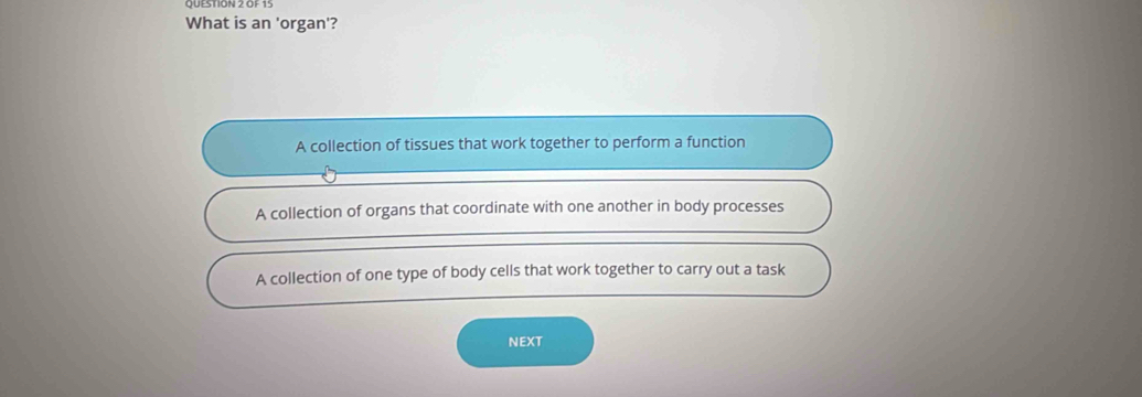 What is an 'organ'?
A collection of tissues that work together to perform a function
A collection of organs that coordinate with one another in body processes
A collection of one type of body cells that work together to carry out a task
NEXT