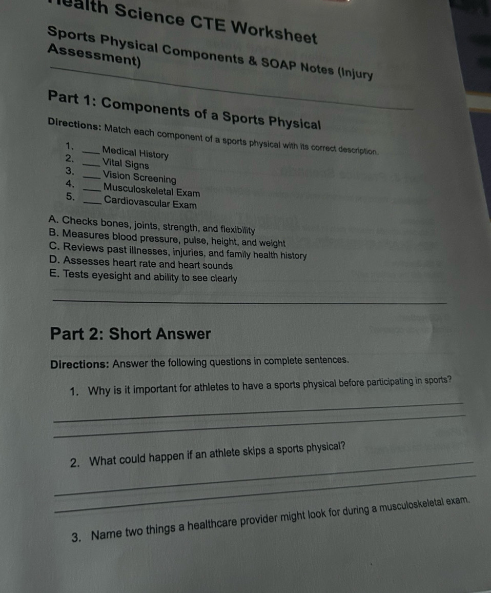 Solved: alth Science CTE Worksheet Sports Physical Components & SOAP ...